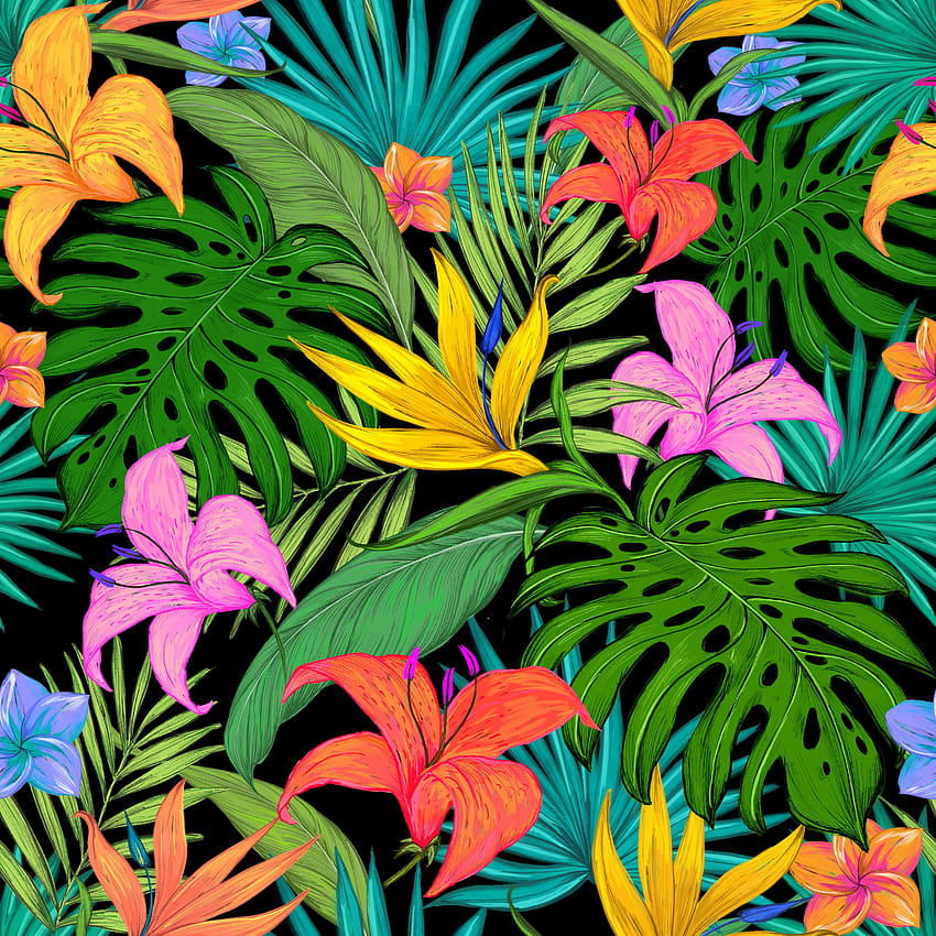 Motif 5000x5000, tropical, fleurs, feuilles, fleurs de lys, feuilles de palmier, arrière-plans colorés, fleurs feuilles art Fond d'écran de téléphone HD