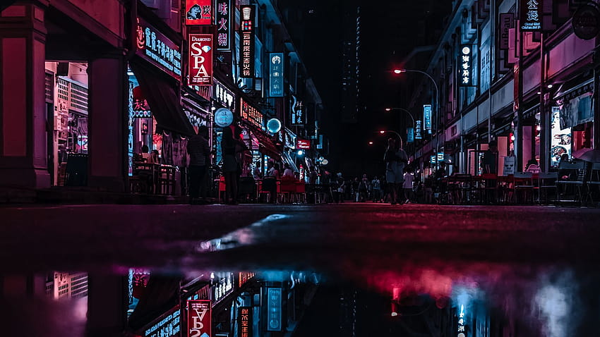 Città notturna, strada, luci della città, riflessione, strada al neon Sfondo HD