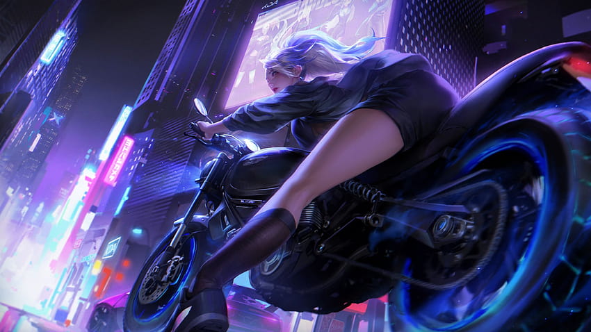 Biker Girl Neon City นักขี่จักรยานสาว Neon City อะนิเมะนีออน วอลล์เปเปอร์ HD