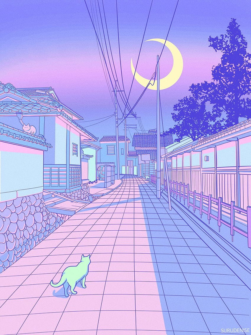 Pastell Japan, Katzen und Gassen Illustrationen, Anime Stadt lila HD-Handy-Hintergrundbild
