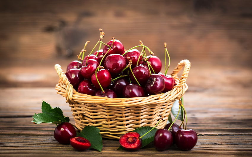 3840x2400 cherry, fruits basket, ripen HD wallpaper