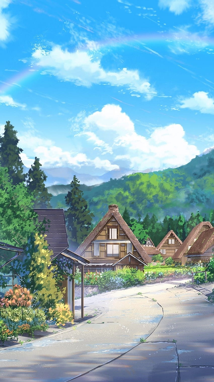 1080x1920 アニメの風景, 家, 風光明媚な, 雲, 自然, アニメの自然電話 HD電話の壁紙