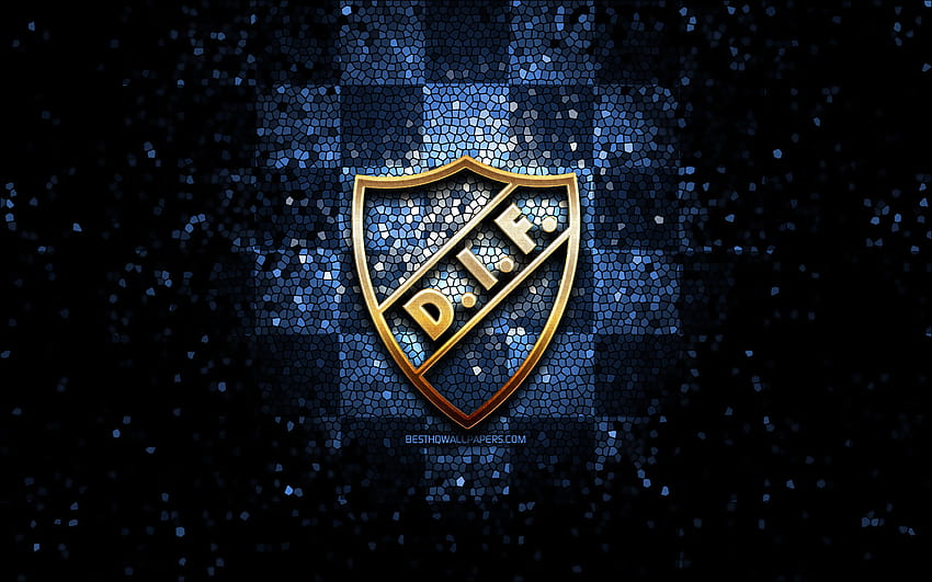 Djurgarden FC, brokatowe logo, Allsvenskan, niebieskie tło w kratkę, piłka nożna, szwedzki klub piłkarski, logo Djurgarden, mozaika, piłka nożna, Djurgarden IF o rozdzielczości 2880x1800. Wysoka jakość Tapeta HD