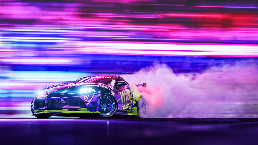 3840x2160 sportscar, drift, neon, smoke, speed, racing car smoke HD wallpaper