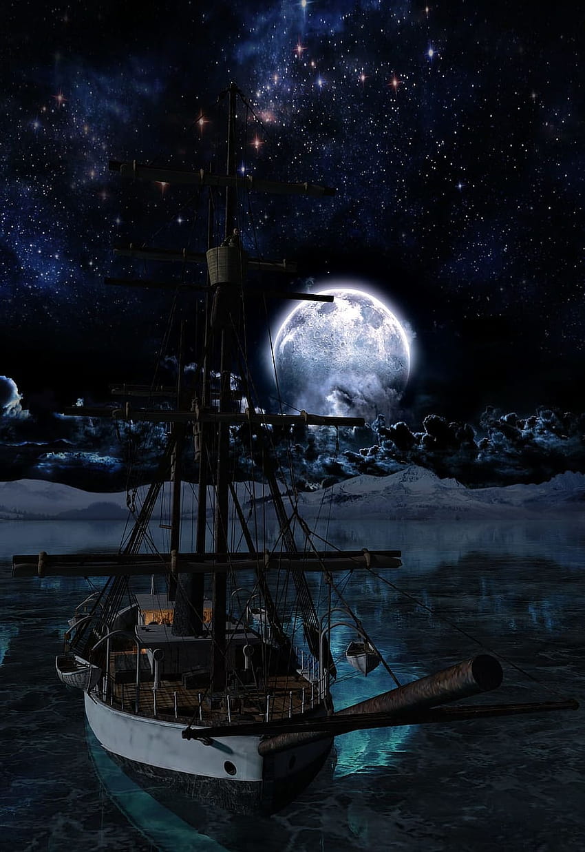 : 밤, 보름달, 배, 호수, 바다, 북극, 전망대, 신비로운 달빛 HD 전화 배경 화면