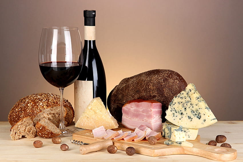 Wine Ham Bread Cheese Food bottles Stemware, bread and wine HD wallpaper