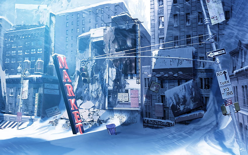 Schnee, Verkehr, Postapokalyptik, Gebäudevektoren, Kunstwerke, Winter, Lichter, Schilder, Kunst, Linien, Macht, Stadtansichten, erstaunliche lustige Künste, schneebedeckter Anime HD-Hintergrundbild