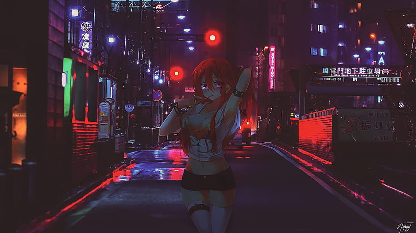 : аниме момичета, червено, улица Япония, неон 1920x1080, неоново японско аниме HD тапет