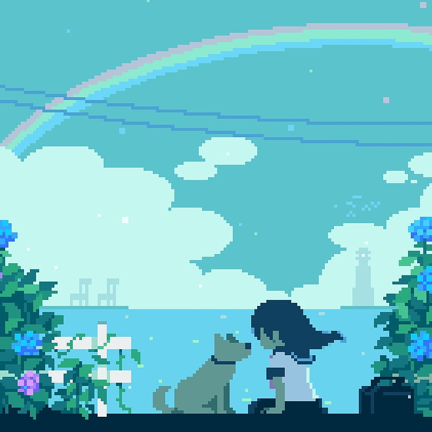 Girl with a dog near a flowering shrub, 8 bit live HD phone wallpaper