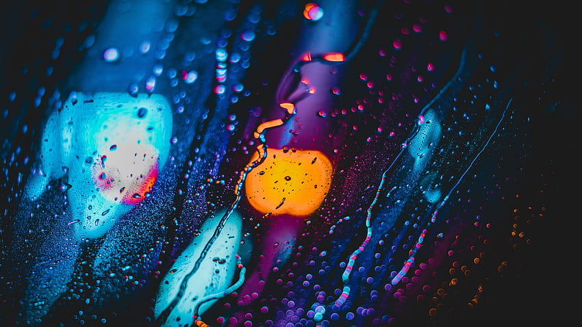 Дъжд, светлини, боке, замъгляване, стъкло, водни капки, графика, дъжд HD тапет