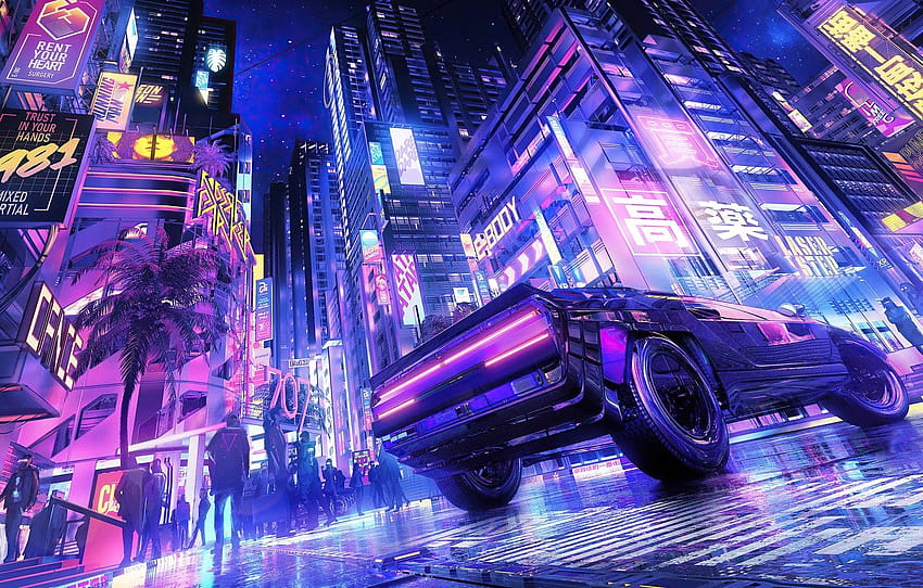 coche, superdeportivo, japón, anime, arte, calle, cyberpunk, kanji, japonés, sección арт, anime japonés púrpura fondo de pantalla