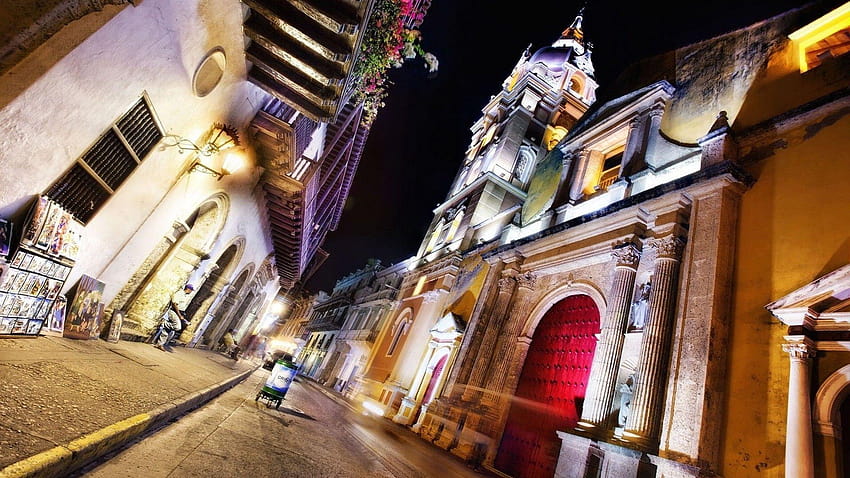 Cartagena Colombia Night Street Architecture mag HD тапет