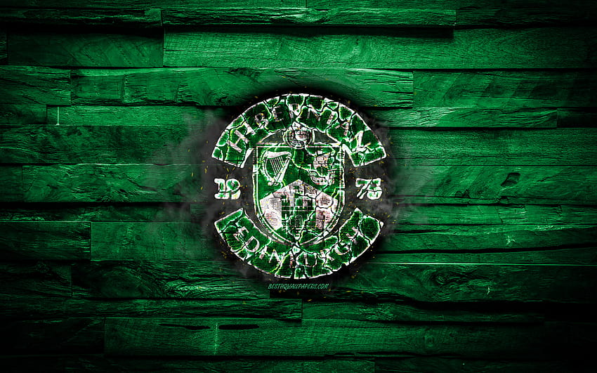 Hibernian FC, fiery logo, Scotland Premiership, green wooden background, scottish football club, grunge, football, soccer, Hibernian logo, fire texture, Scotland with resolution 2880x1800. High Quality HD wallpaper