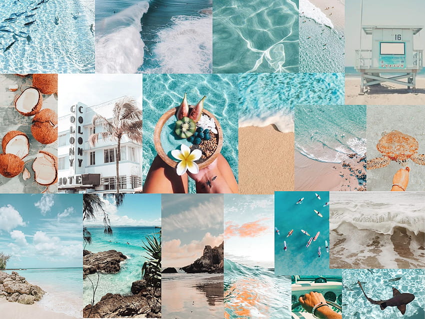 Collage de playa digital azul claro estético iPad, collage verde azulado fondo de pantalla