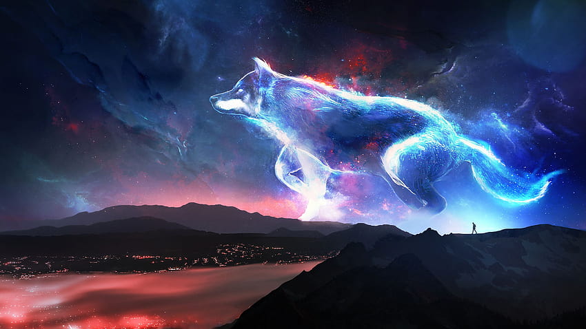 Big fantastic neon wolf in the sky, fantasy and, neon wolves HD wallpaper