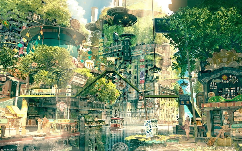 Anime Town, anime de cidade verde papel de parede HD