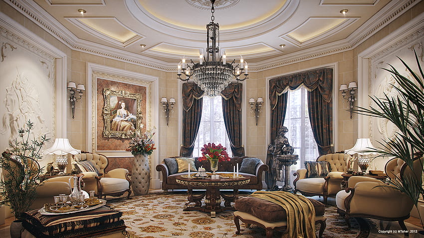 Interiore del salone della casa di lusso, interni di lusso Sfondo HD
