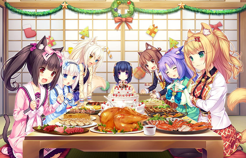 2370x1530 Nekopara, Essen, Weihnachten, Anime-Spiele, Katzenmädchen, Anime-Weihnachtsessen HD-Hintergrundbild
