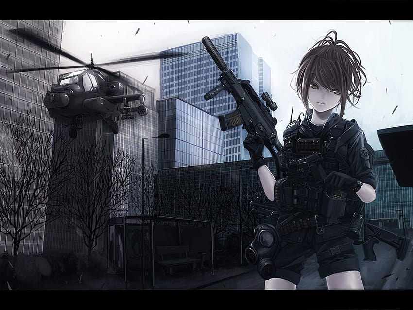 Аниме момиче с пистолет, тактическо аниме момиче HD тапет