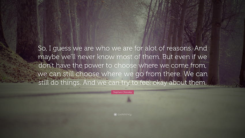 Stephen Chbosky Quote: “So, I guess we are who we are for alot of reasons. And maybe we'll never know most of them. But even if we don't have th...” HD wallpaper
