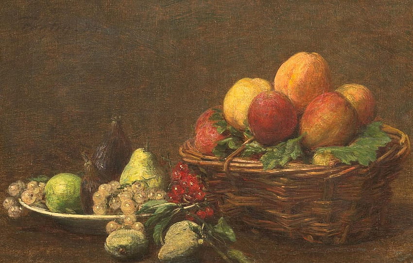 grapes, pear, fruit, basket, Henri Fantin, naturmort HD wallpaper