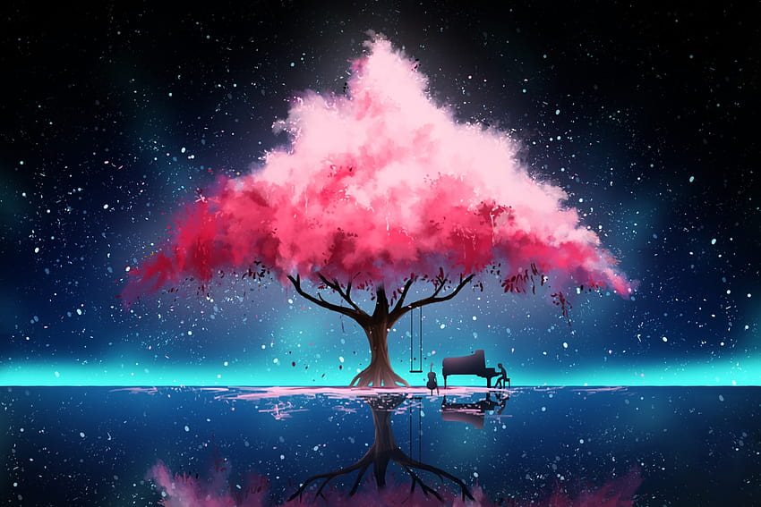 6162175 / luminos, hinkos eigeiter, pink, blue, piano, art, water, fantasy, tree, instrument, fantasy tree HD wallpaper