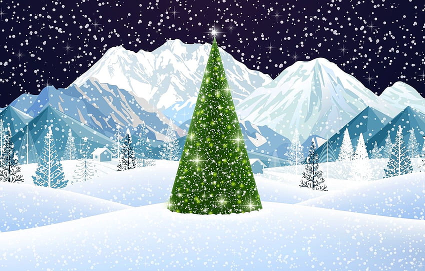 Winter, Mountains, Snow, Christmas, Snowflakes, Background, New year, Holiday, Christmas, Art, Mood, Tree, Snow, New Year, Background, Christmas decorations , section новый год, holiday winter mountain HD wallpaper