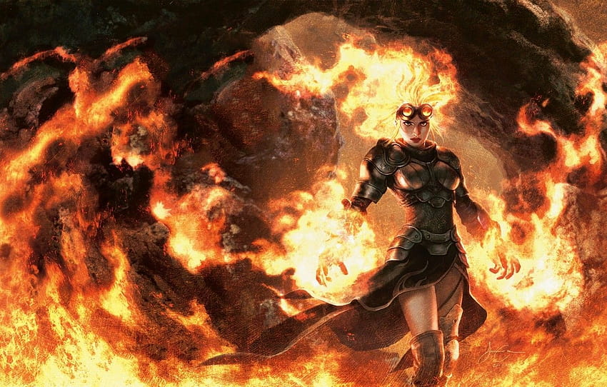 girl, fire, flame, armor, MAG, fire, flame, girl, armor, the wizard, Magic The Gathering, wizard, caster, mage, Chandra, sorcerer , section игры, wizard women HD wallpaper