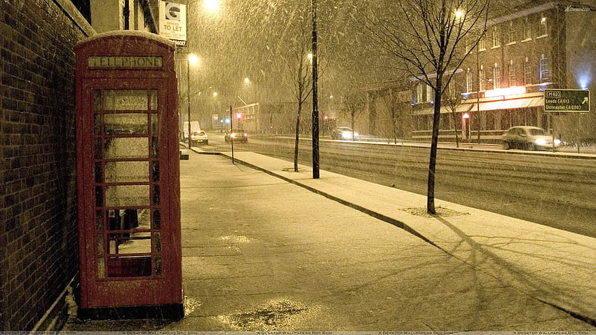 Red Telephone Booth On Side Of The Street HD wallpaper