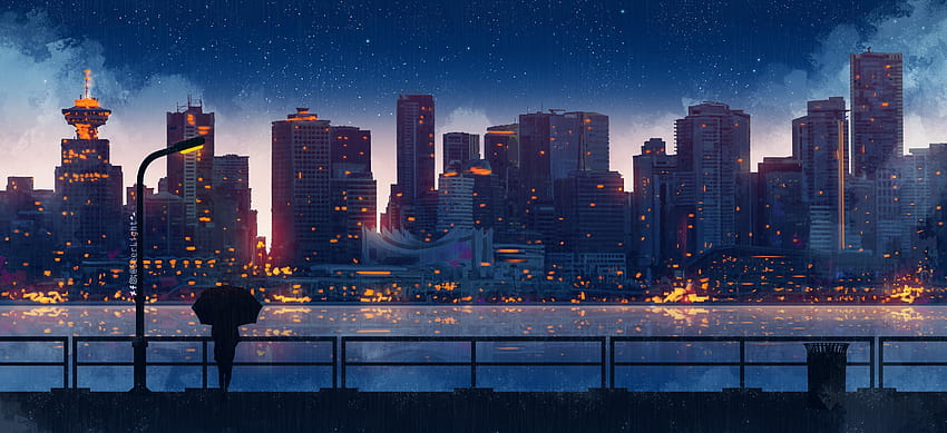 2800x1280 Anime City Lights Nachtregen Regenschirm Himmel 2800x1280, Anime City u HD-Hintergrundbild