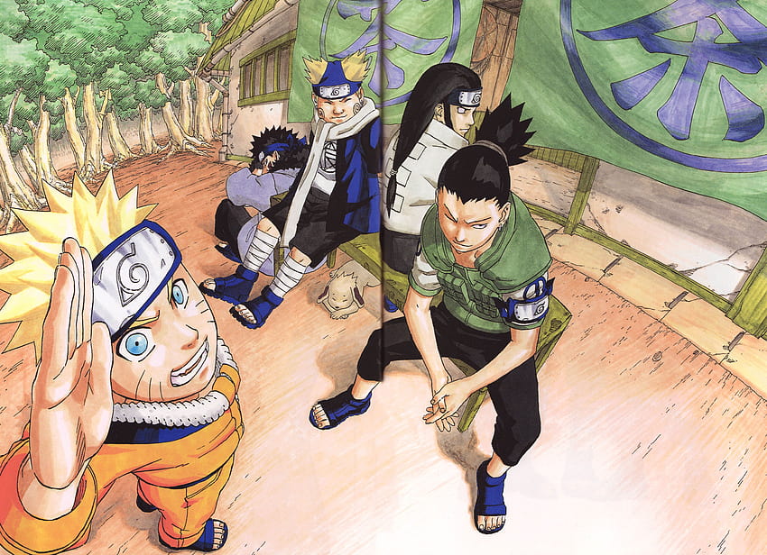 Naruto, Shikamaru, Neji, Choji, Kiba Resting in the Hunt for Sasuke HD wallpaper