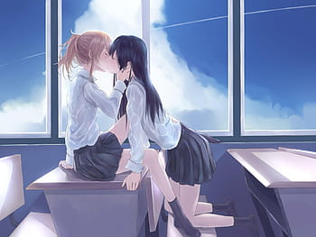 Mobile wallpaper: Anime, Kiss, Blue Eyes, Original, School Uniform, Yuri,  1365806 download the picture for free.