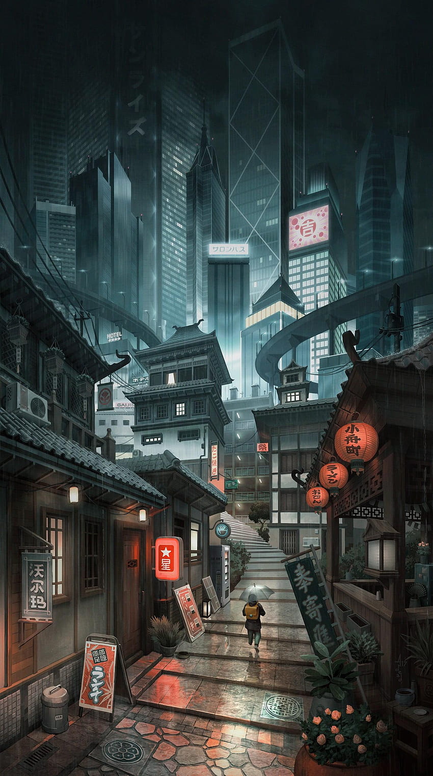Ilustracja miasta Japonii, gród, grafika, wieżowiec, sztuka miejska Tapeta na telefon HD