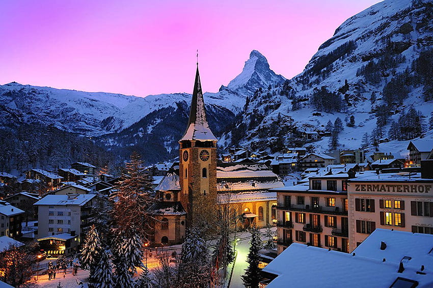 スイス ツェルマット スイス アルプス トウヒ 冬の山 雪、 高画質の壁紙