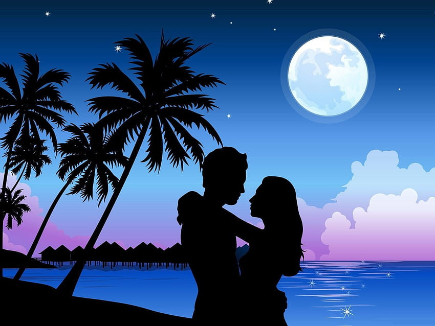 : sea, night, water, nature, love, sky, purple, silhouette, beach, evening, friendship, moonlight, couple, emotion, happiness, midnight, romance, lilac, ART, tree, computer 1600x1200, moonlight couple HD wallpaper
