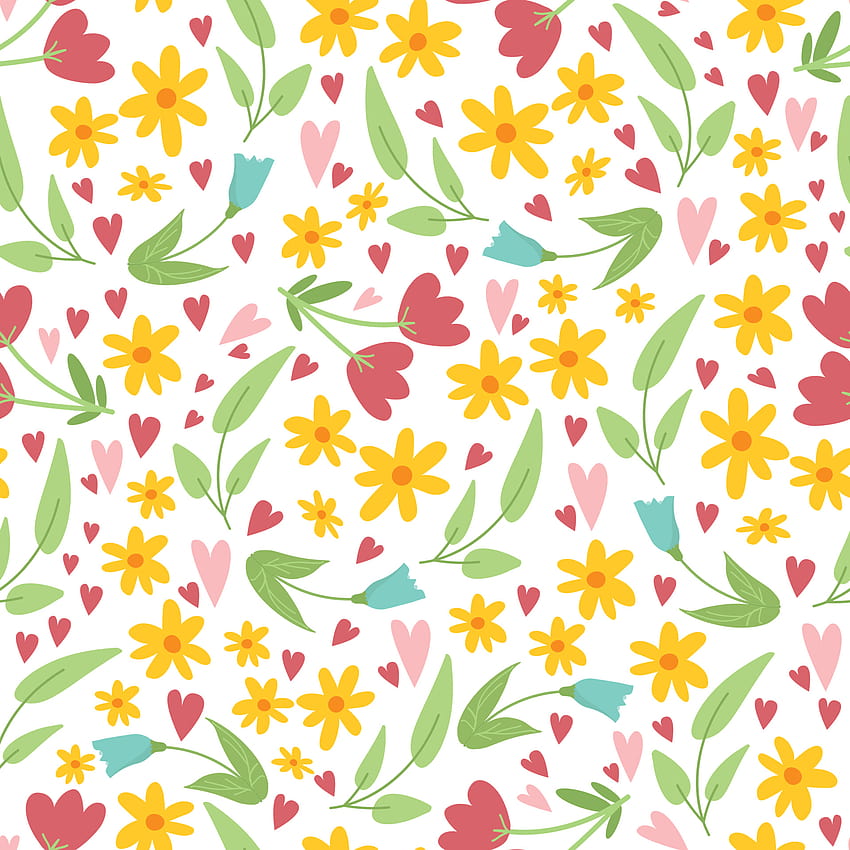 Seamless pattern backgrounds with spring floral elements in simple flat hand drawn style. Vector on white background. Flowers, leaves, hearts. Easter, 8 march design. textile design 3541499 Vector Art at Vecteezy, cute spring patterns HD phone wallpaper