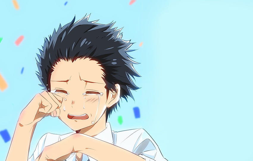 guy, blue background, crying, You no Katachi, Form voice, anime guy crying HD wallpaper