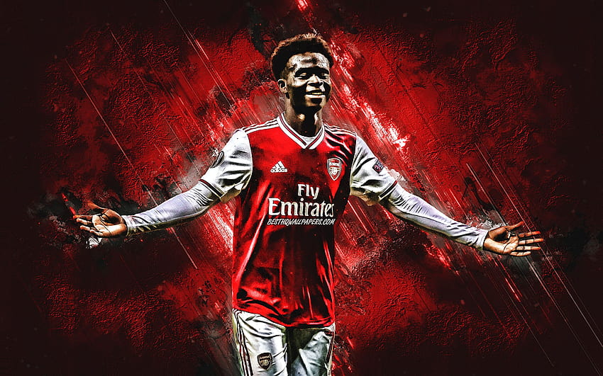 Bukayo Saka, Arsenal FC, joueur de football anglais, portrait, fond de pierre rouge, Premier League, football, Angleterre avec résolution 2880x1800. Haute qualité Fond d'écran HD