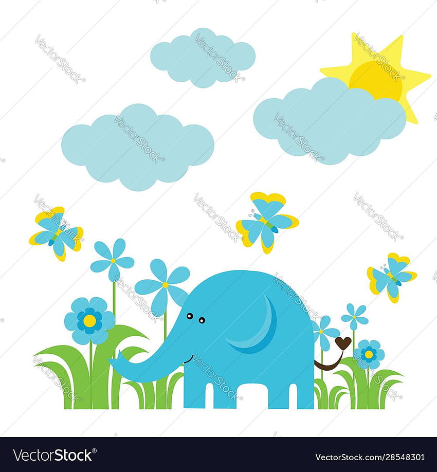 Анимационен сладък слон цветя пеперуда и слънце Вектор, слонът и пеперудата HD тапет за телефон