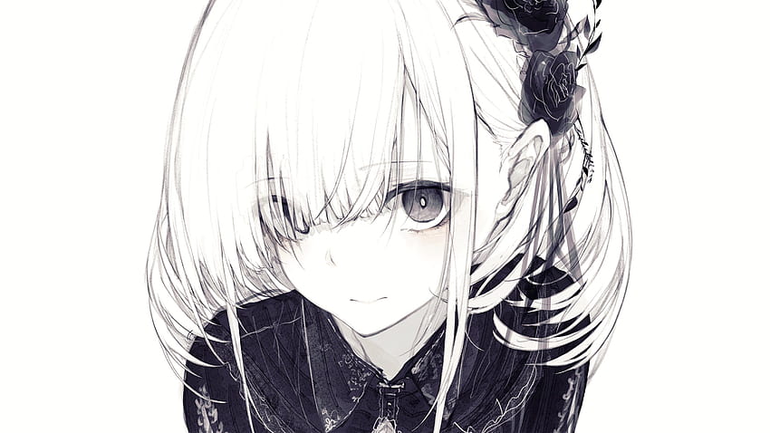 : Anime-Mädchen, einfacher Hintergrund, Blick in den Betrachter, Monochrom, weißes Haar, Spitze, graue Augen 1920x1080, Anime-graue Augen HD-Hintergrundbild