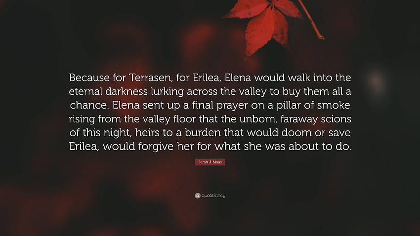 Sarah J. Maas Quote: “Because for Terrasen, for Erilea, Elena would walk into the eternal darkness lurking across the valley to buy them all a...” HD wallpaper