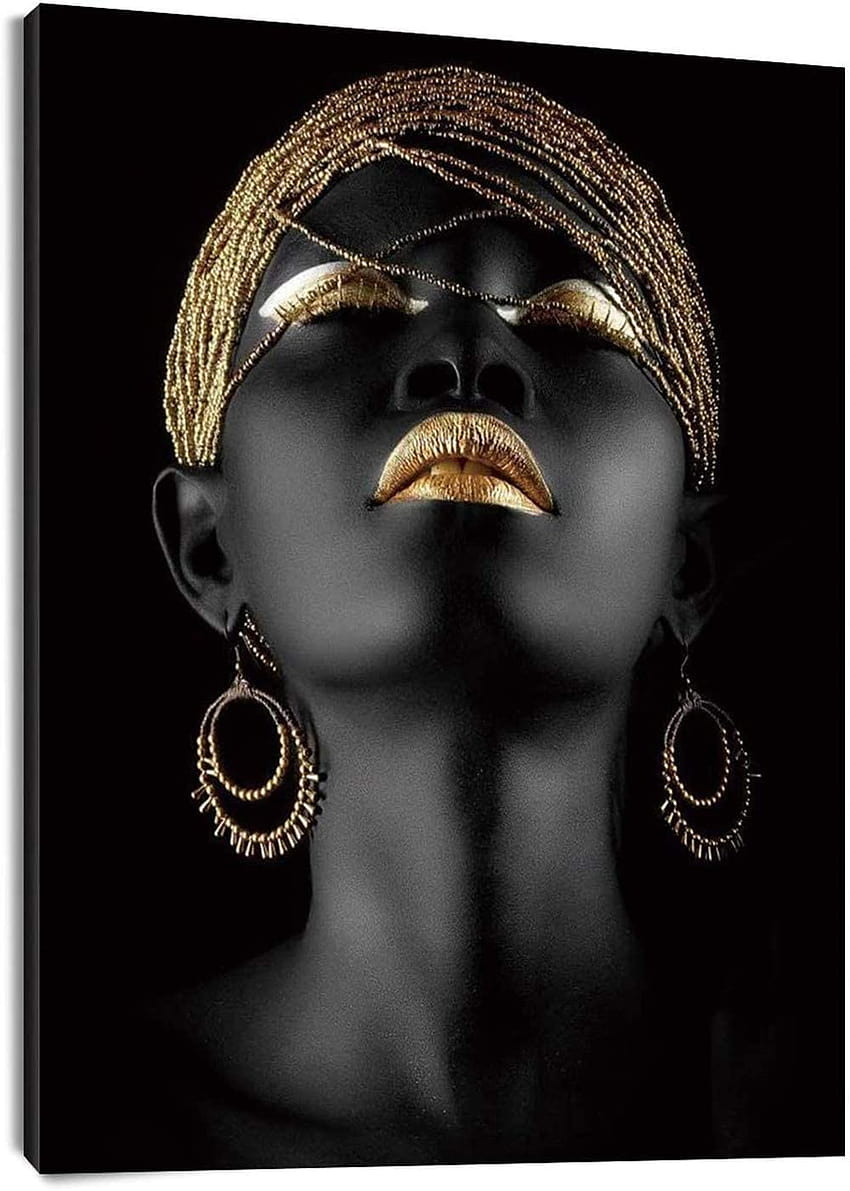 LB Afrikalı Kadın Çerçeveli Tuval Duvar Sanatı Amerikan Siyah Kız Altın Başörtüsü Güzellik Tablosu Oturma Odası Yatak Odası Banyo Ev Dekorasyonu için Tuval Duvar Dekoru Asmaya Hazır, 12x16 inç: Tablolar HD telefon duvar kağıdı