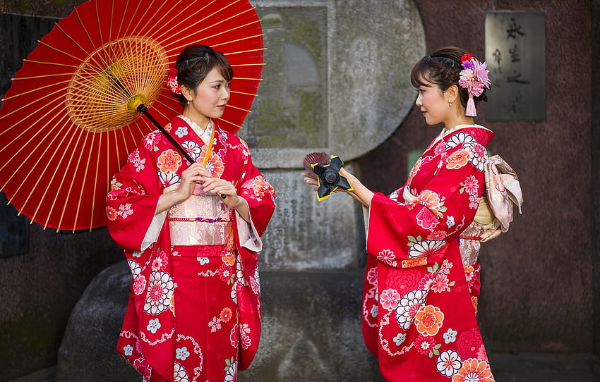 style, girls, two, Japanese women, umbrella, kimono, in red, Asian girls, outfits, brown, japanese women umbrella HD wallpaper