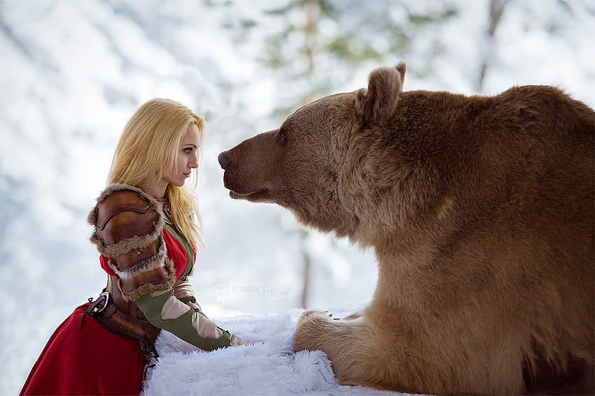 Darya Lefler Women Model Blonde Cosplay Shoulder Pads Dress Red Dress Face To Face Bears Animals Out, bear and women HD wallpaper