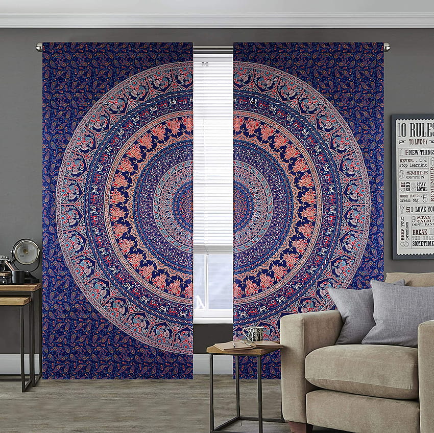 SHIRANYA 100 % Baumwolle, marineblau, indische Mandala-Vorhänge, Wandteppich, böhmische Fenstervorhänge, Paar HD-Hintergrundbild