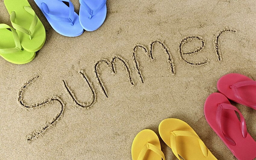 여름, 모래, 해변, 재미, 기쁨, 행복, 휴일, 가족, 바다, 샌들, 물감, 슬리퍼, 행복한 여름 HD 월페이퍼