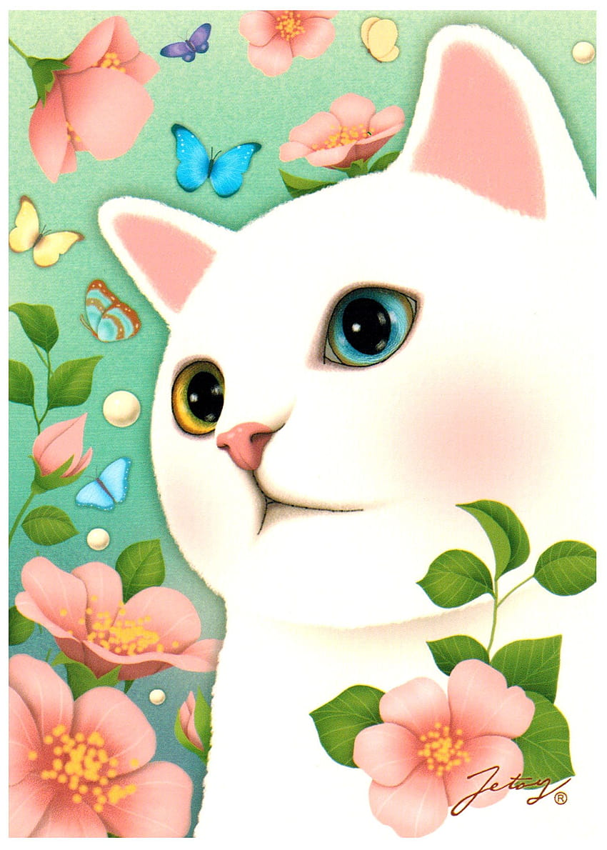 Jetoy Choo Choo Cat Пощенска картичка: Винтидж цвете, анимационни пролетни котки HD тапет за телефон