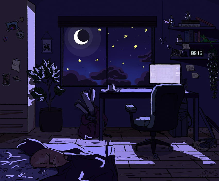 Anime Nighttime Scene Full Moon Background