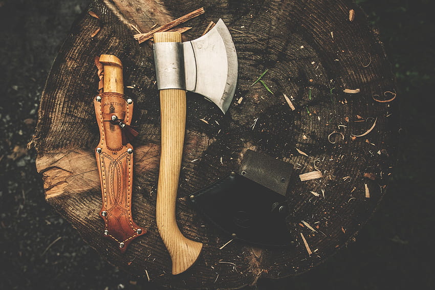 Brown Wooden Axe Besides Brown Leather Knife Holster · Stock, axe wood HD wallpaper