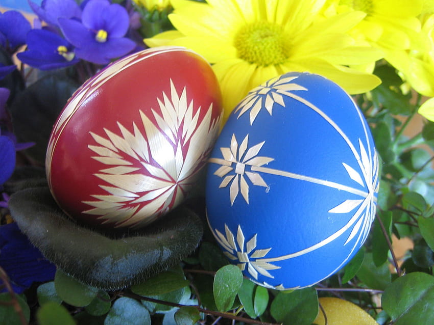 Red and Blue Easter Eggs, easter symbols HD wallpaper